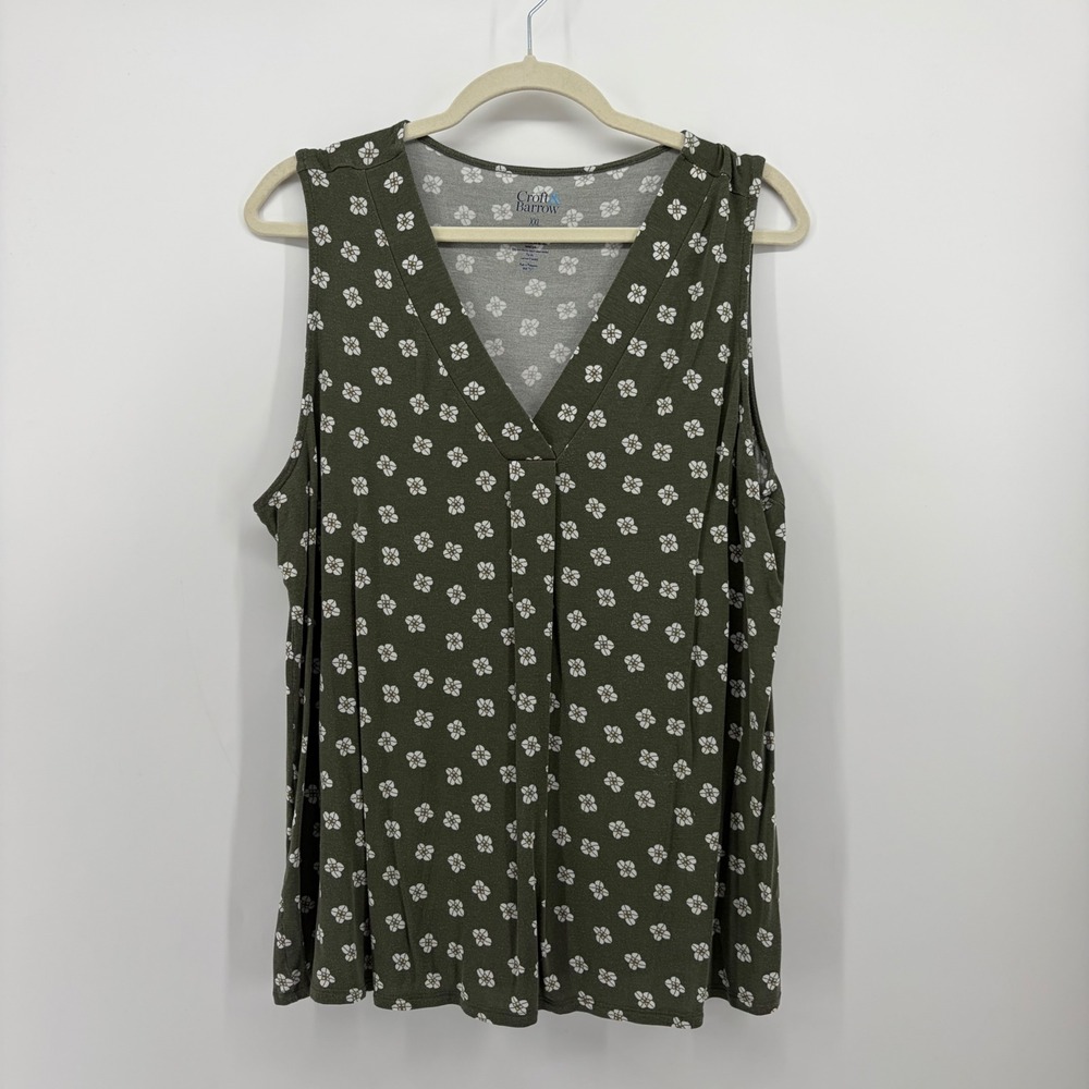 Croft & Barrow Womens XXL Olive Green Tank Top Floral V-Neck Pleated Sleeveless